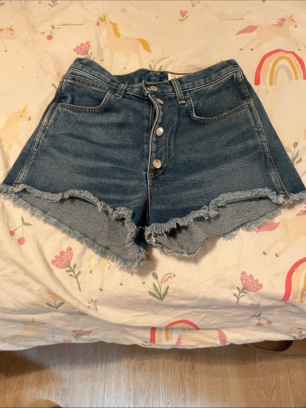 rag & bone Dark Blue Button-Front Frayed Hem Denim Shorts